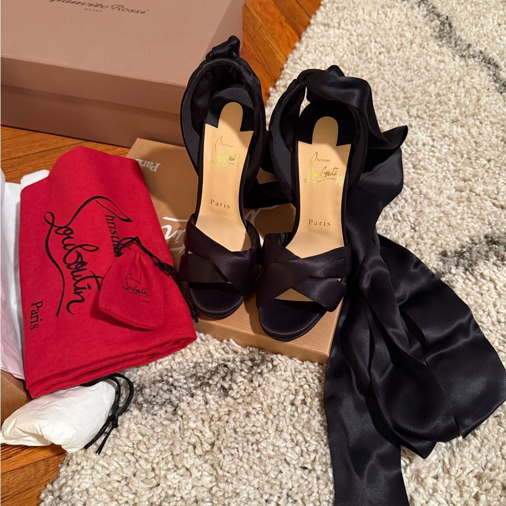 Christian Louboutin Black Satin Ribbon Heels sz 36.5